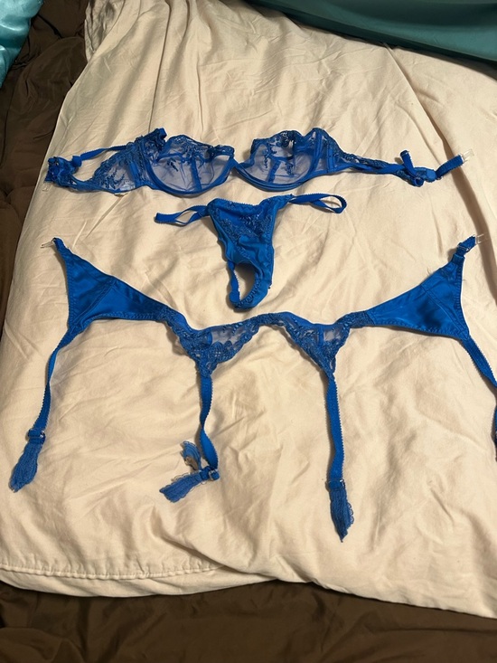 Jeune Europa Other - Vintage 1980’s Jeune Europa Sheer Lace Bra/Silk Thong & Garter Set Cobalt Blue